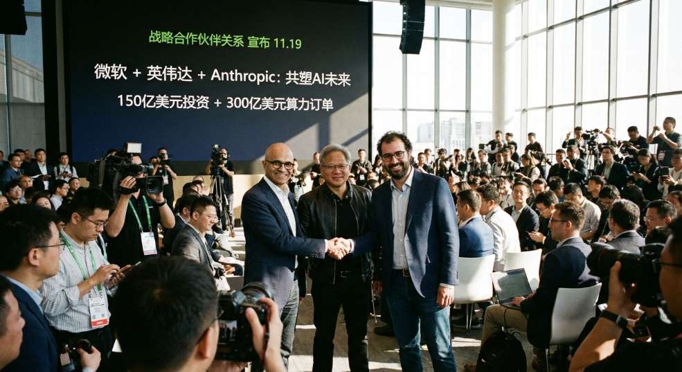 150 亿美元投资 + 300 亿美元算力订单，微软、英伟达与 Anthropic 宣布建立战略合作伙伴关系第一张图