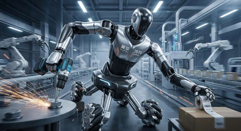 翼菲首款人形机器人“鸿钧”发布：全向轮可升降底盘，能拧螺丝、贴标签