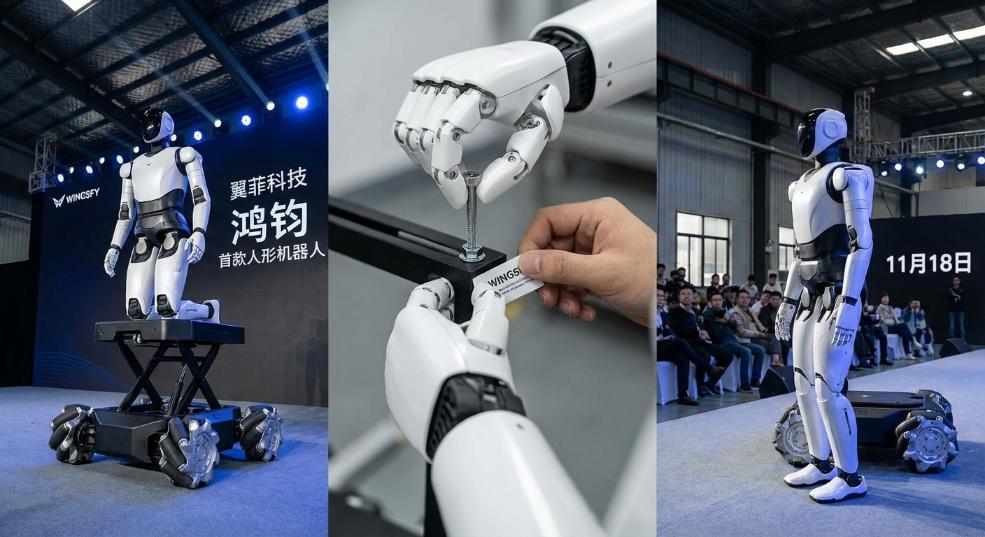 翼菲首款人形机器人“鸿钧”发布：全向轮可升降底盘，能拧螺丝、贴标签第二张图