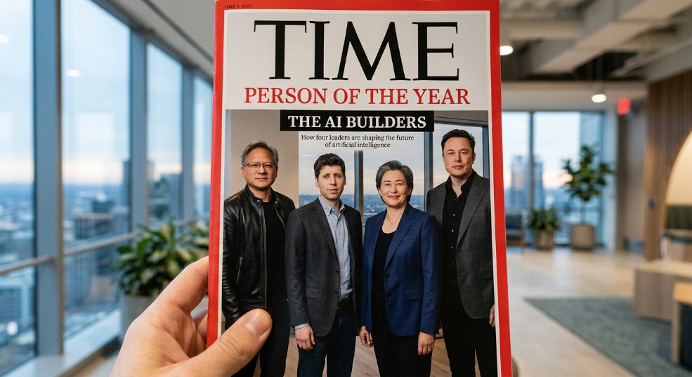 《时代》周刊 2025 年度人物颁给“AI 建设者”，黄仁勋、奥尔特曼、苏姿丰、马斯克登上封面第一张图