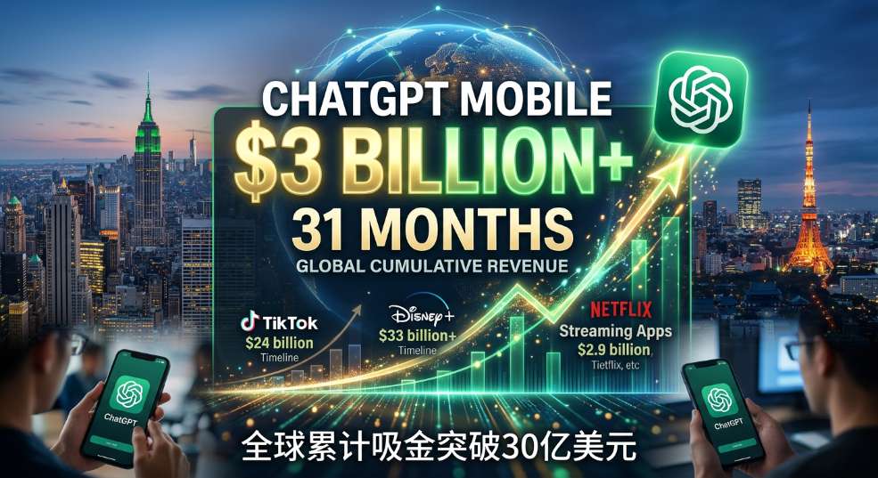 用时 31 个月：ChatGPT 移动端全球累计吸金突破 30 亿美元大关，跑赢