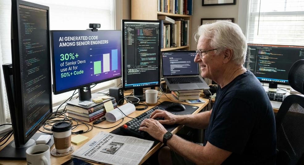 老程序员爱用 AI 写代码：调查显示超三成资深工程师一半代码靠 AI 生成第二张图