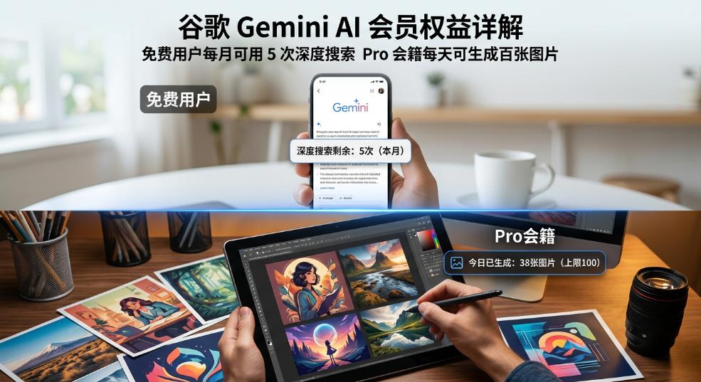 谷歌 Gemini AI 会员权益公布：免费用户每月可用 5 次深度搜索、Pro