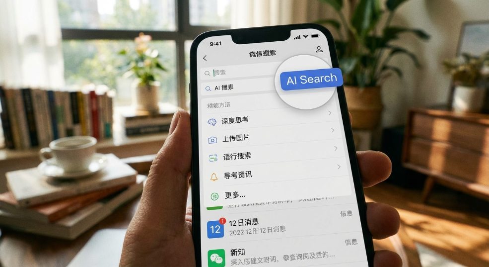 微信 AI 搜索进入一级入口，可选择深度思考、上传图片等第一张图