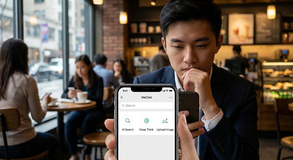 微信 AI 搜索进入一级入口，可选择深度思考、上传图片等第二张图