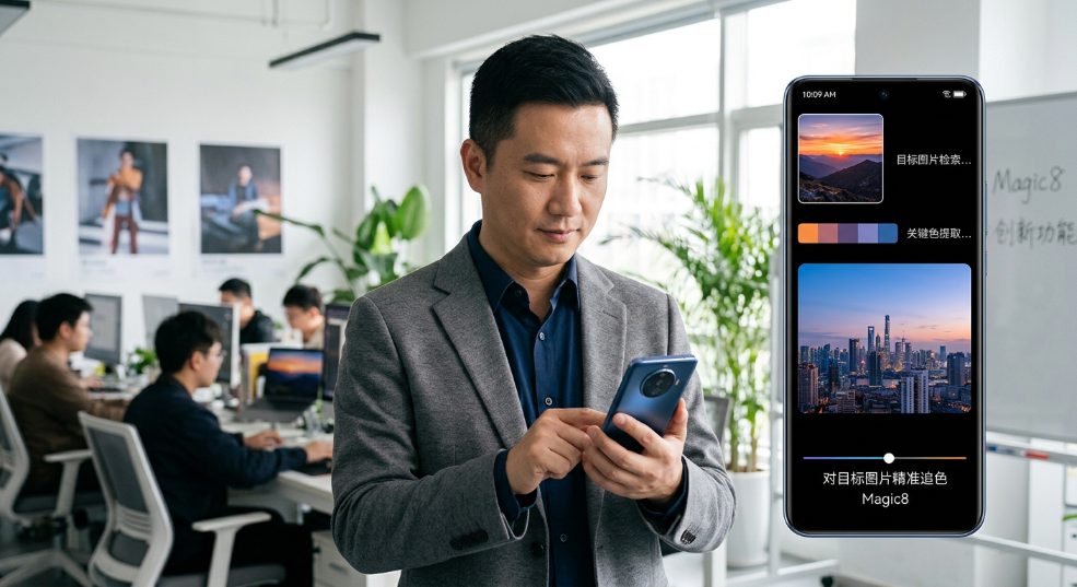 荣耀 Magic8 手机将首发一语 AI 追色功能,可实现“检索目标图片、关键色提取、对目标图片精准追色”系列动作 荣耀 Magic8 手机将首发一语 AI 追色功能,可实现“检索目标图片、关键色提取、对目标图片精准追色”系列动作第一张图