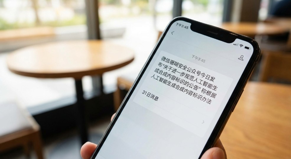 微信：用户发布的公众号 / 视频号等内容为 AI 生成合成的，需主动进行声明第一张图