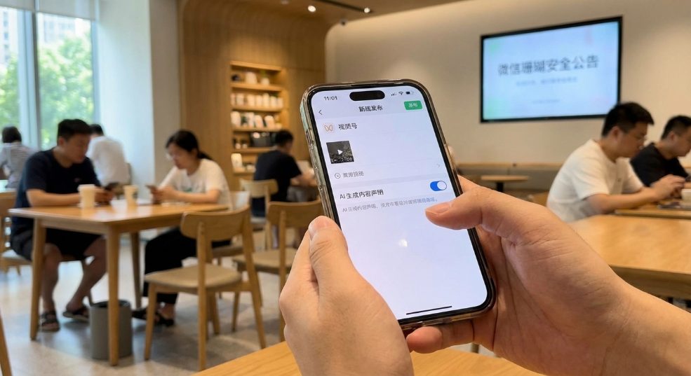 微信：用户发布的公众号 / 视频号等内容为 AI 生成合成的，需主动进行声明第二张图