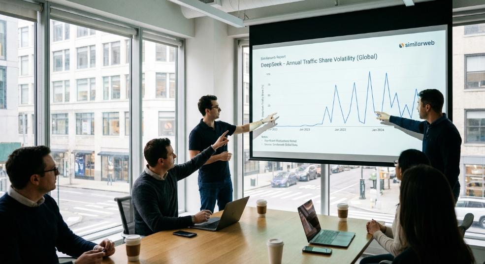 机构：DeepSeek 过去一年的流量份额显著波动第一张图