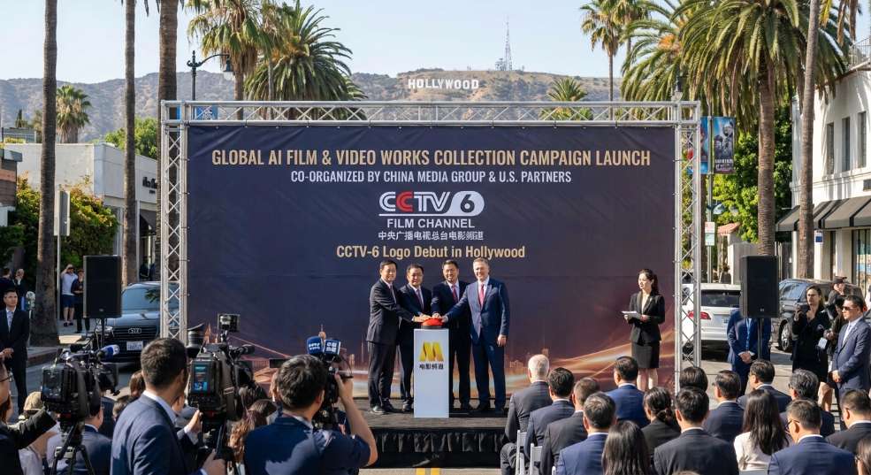 中美合办：全球 AI 影视作品征集活动在洛杉矶启动，总台电影台标首次亮相好莱坞第一张图