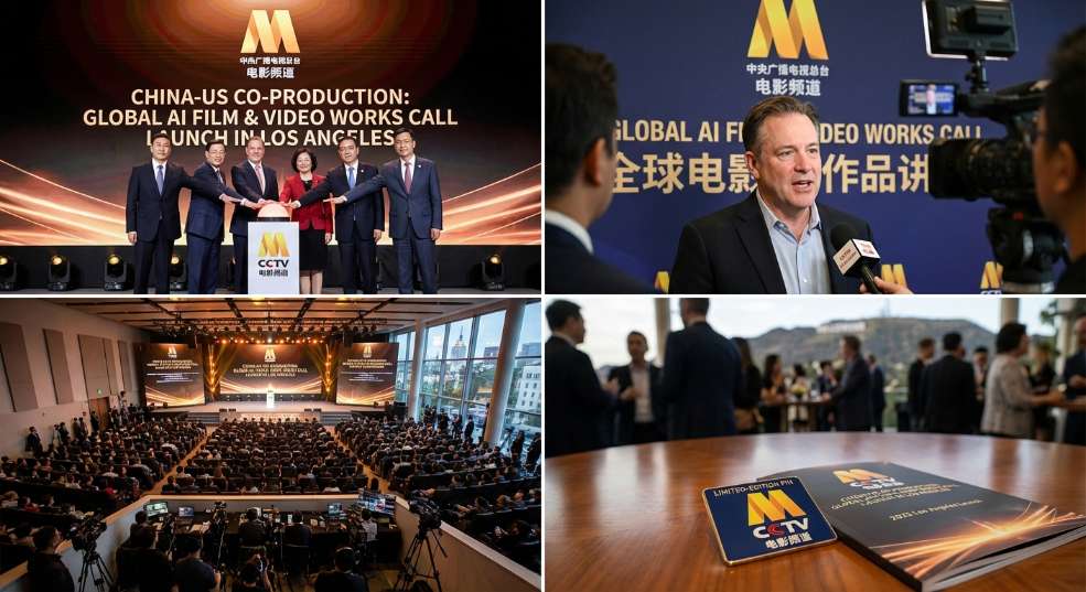 中美合办：全球 AI 影视作品征集活动在洛杉矶启动，总台电影台标首次亮相好莱坞第二张图