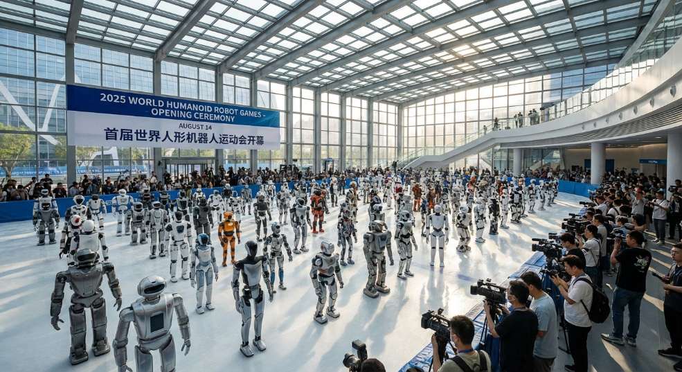 全球 500 余台人形机器人共赴「冰丝带」，首届世界人形机器人运动会 8 月 14 日开幕第一张图