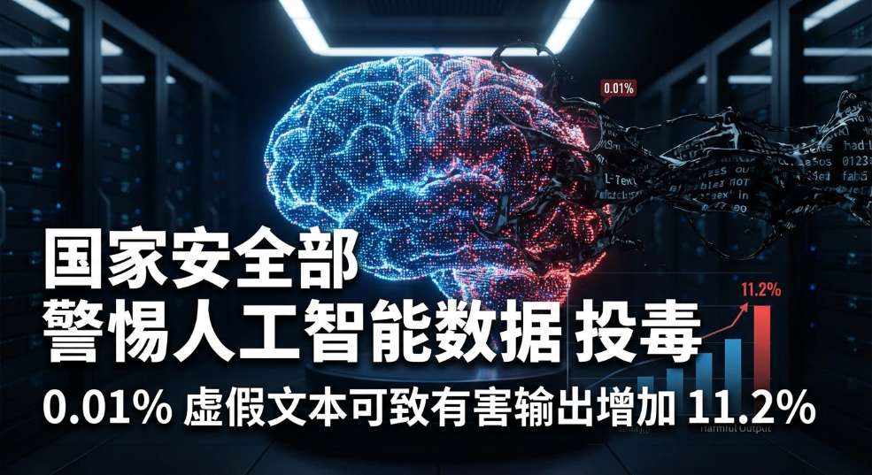 国家安全部：警惕人工智能数据投毒，0.01% 虚假文本可致有害输出增加 11.2