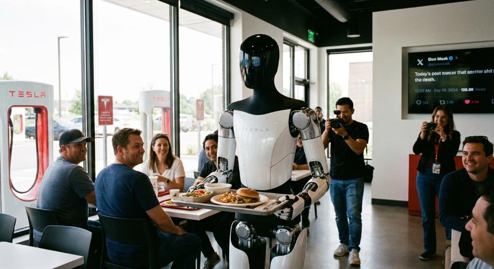 马斯克：超级充电餐厅的特斯拉人形机器人 Optimus 明年将晋升为送餐员第一张图